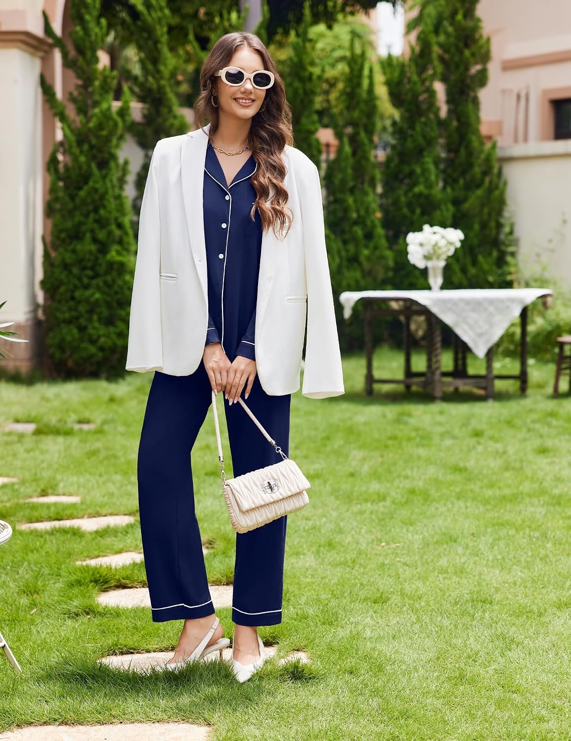 image:imageEkouaer Womens Pajamas Set Cotton Long Sleeve Button Down Sleepwear Top and Long Pants Soft 2 Piece Pjs Lounge Set SXXLNavy