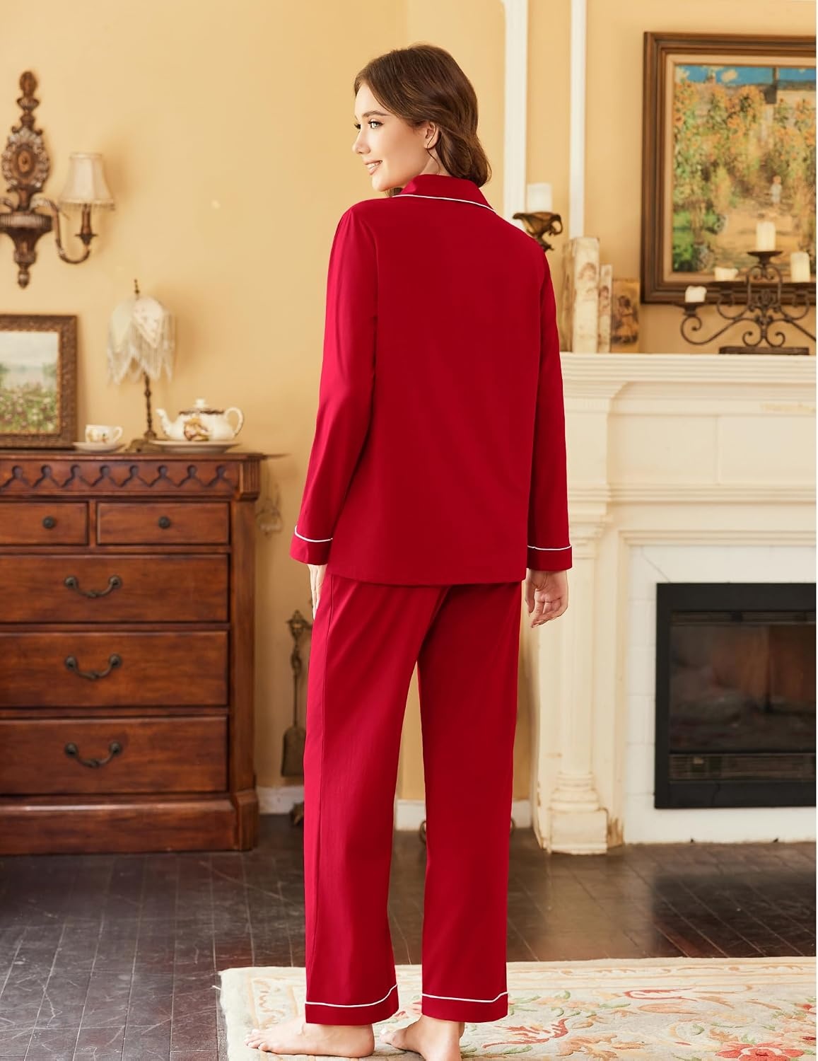 image:imageEkouaer Womens Pajamas Set Cotton Long Sleeve Button Down Sleepwear Top and Long Pants Soft 2 Piece Pjs Lounge Set SXXLRed