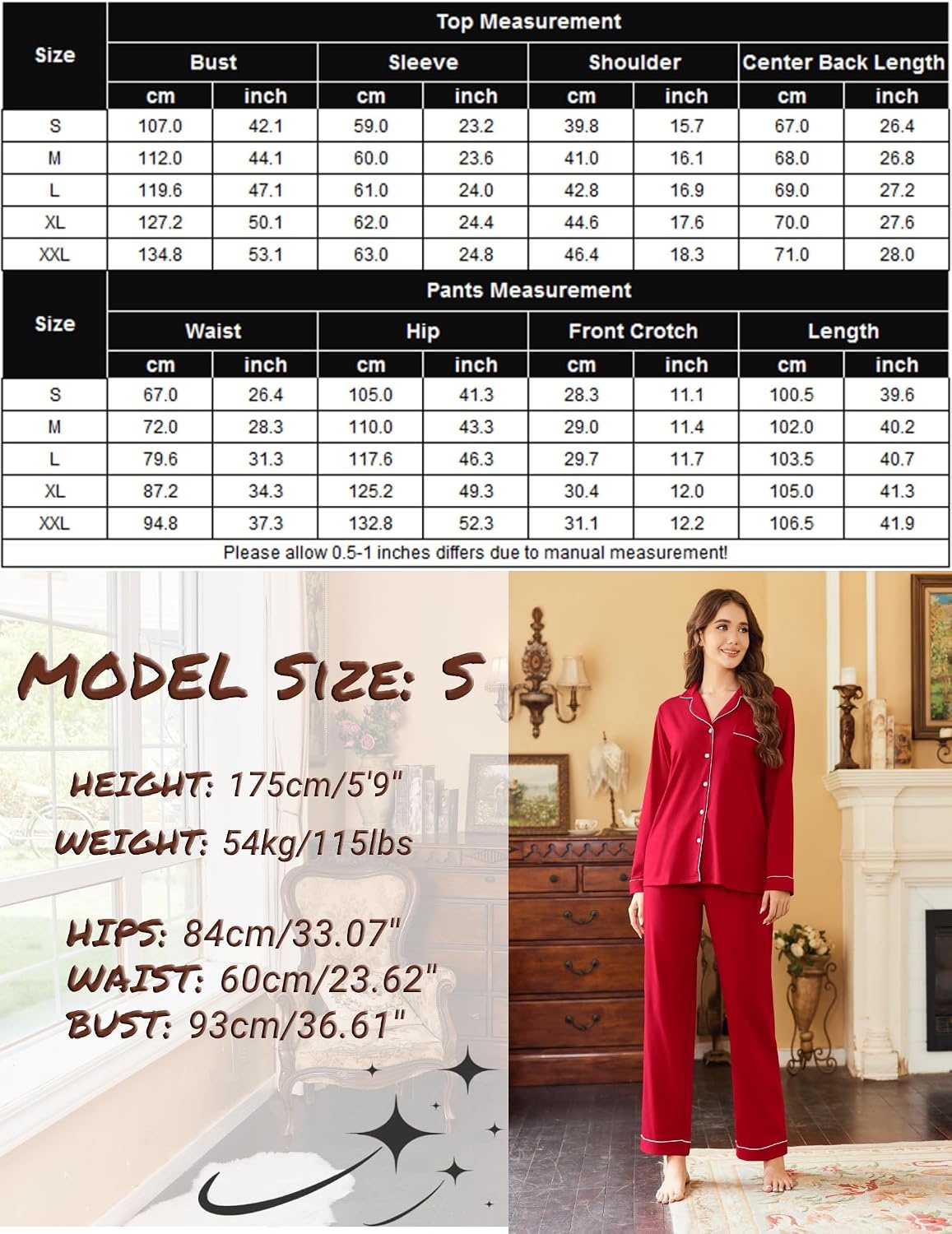 image:imageEkouaer Womens Pajamas Set Cotton Long Sleeve Button Down Sleepwear Top and Long Pants Soft 2 Piece Pjs Lounge Set SXXLRed