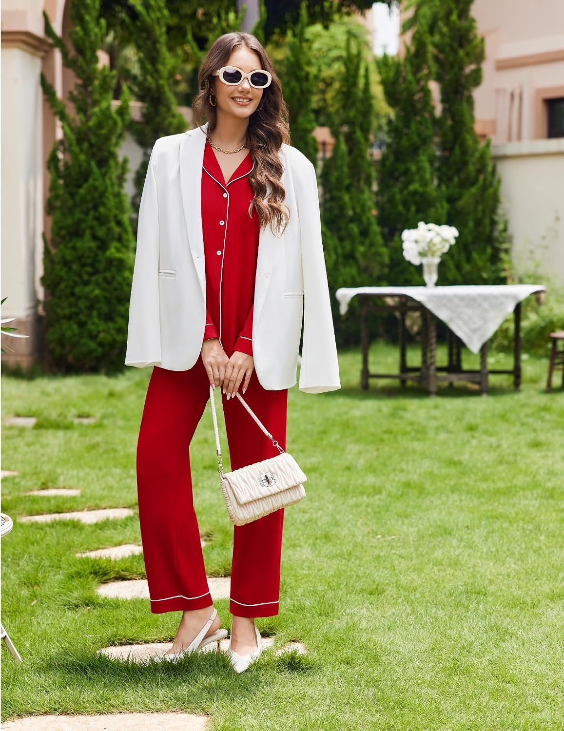image:imageEkouaer Womens Pajamas Set Cotton Long Sleeve Button Down Sleepwear Top and Long Pants Soft 2 Piece Pjs Lounge Set SXXLRed