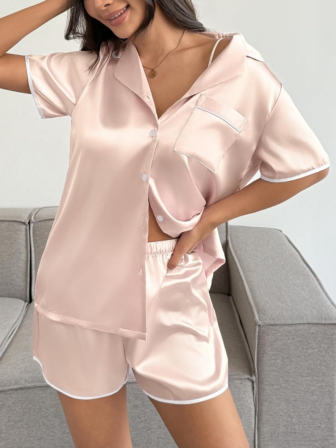 image:imageEkouaer Womens Satin Pajamas Set 2 piece Silky Sleepwear Buttton Down Short Sleeves Top and Shorts Pj Set SXXLChampagne