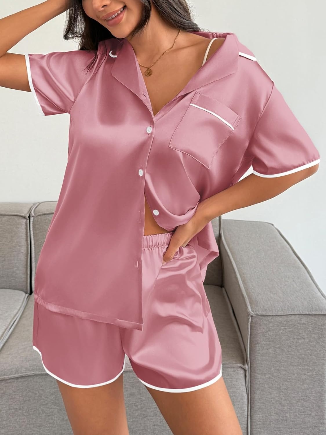image:imageEkouaer Womens Satin Pajamas Set 2 piece Silky Sleepwear Buttton Down Short Sleeves Top and Shorts Pj Set SXXLDusty Rose