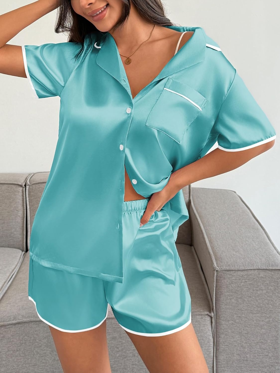 image:imageEkouaer Womens Satin Pajamas Set 2 piece Silky Sleepwear Buttton Down Short Sleeves Top and Shorts Pj Set SXXLGreen