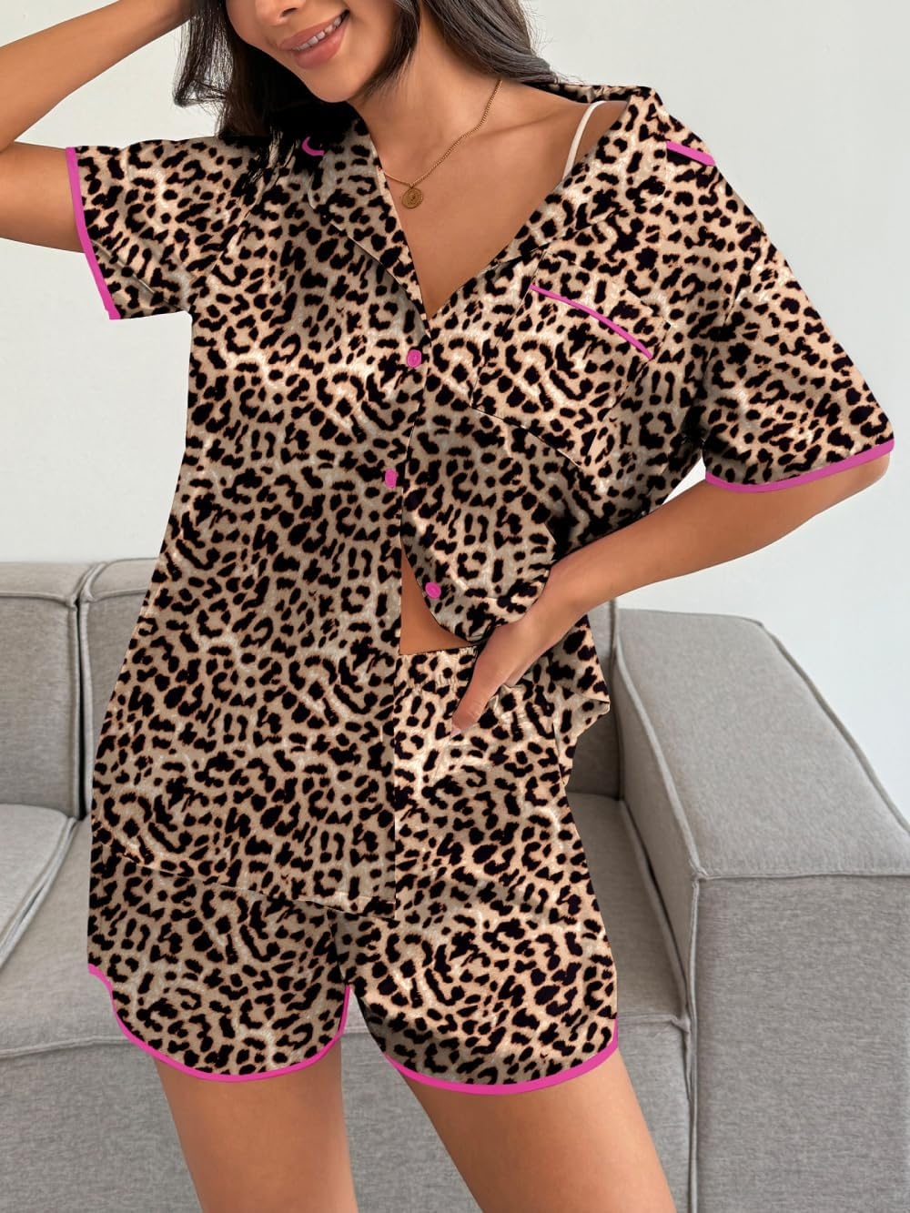 image:imageEkouaer Womens Satin Pajamas Set 2 piece Silky Sleepwear Buttton Down Short Sleeves Top and Shorts Pj Set SXXLLeopard