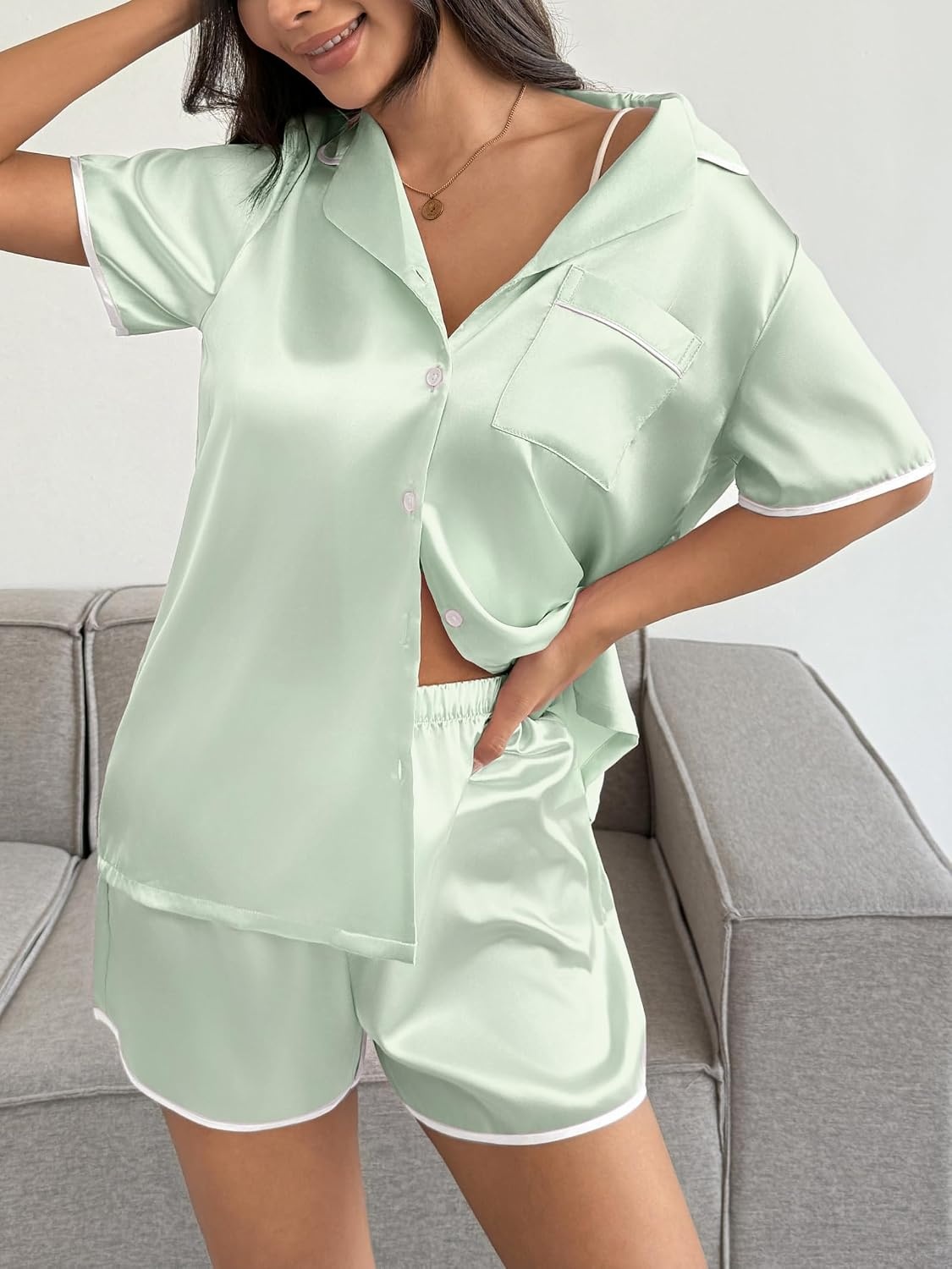 image:imageEkouaer Womens Satin Pajamas Set 2 piece Silky Sleepwear Buttton Down Short Sleeves Top and Shorts Pj Set SXXLLight Green