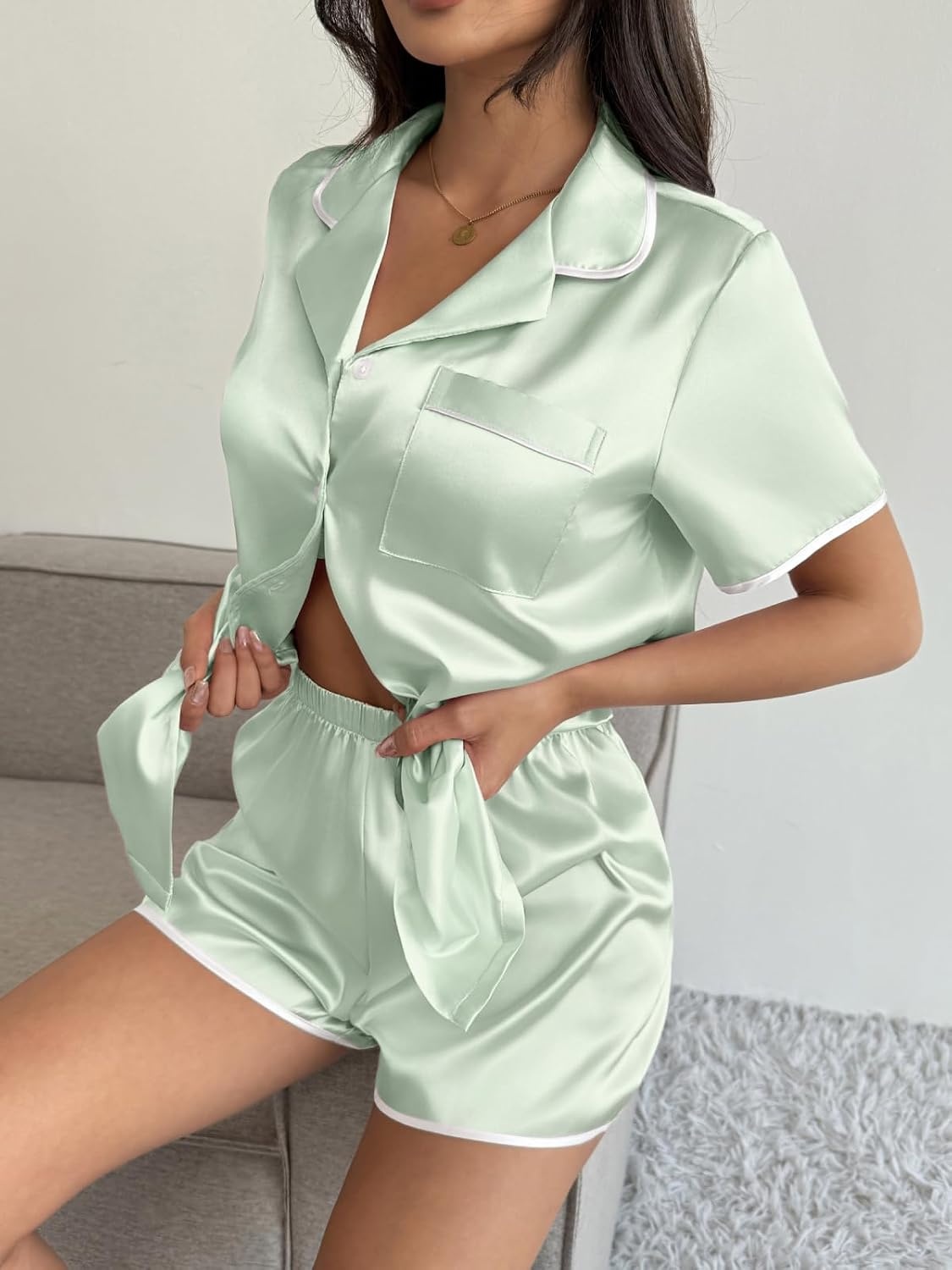 image:imageEkouaer Womens Satin Pajamas Set 2 piece Silky Sleepwear Buttton Down Short Sleeves Top and Shorts Pj Set SXXLLight Green