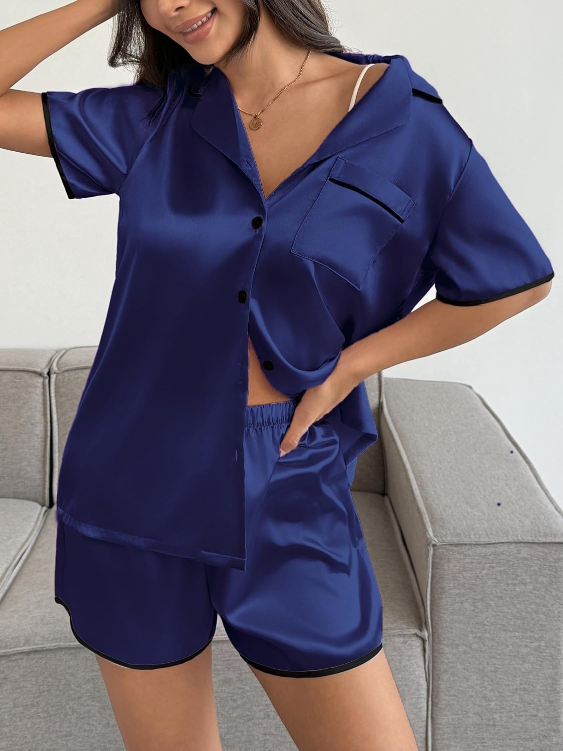 image:imageEkouaer Womens Satin Pajamas Set 2 piece Silky Sleepwear Buttton Down Short Sleeves Top and Shorts Pj Set SXXLNavy Blue