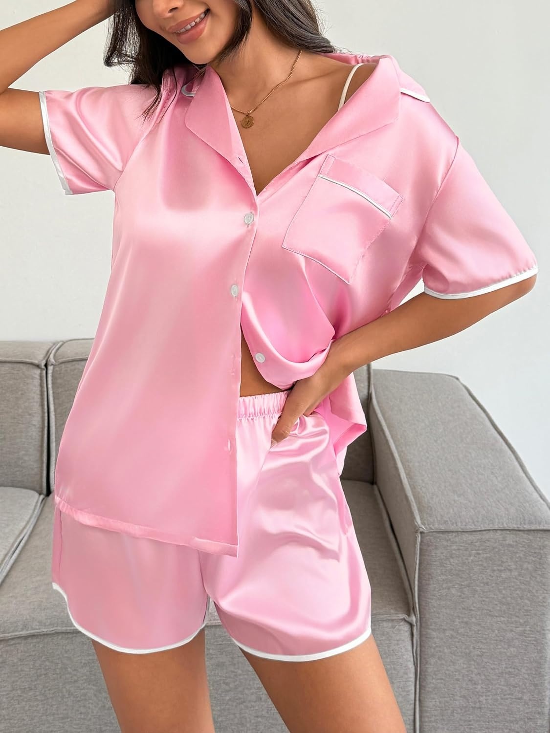 image:imageEkouaer Womens Satin Pajamas Set 2 piece Silky Sleepwear Buttton Down Short Sleeves Top and Shorts Pj Set SXXLPink
