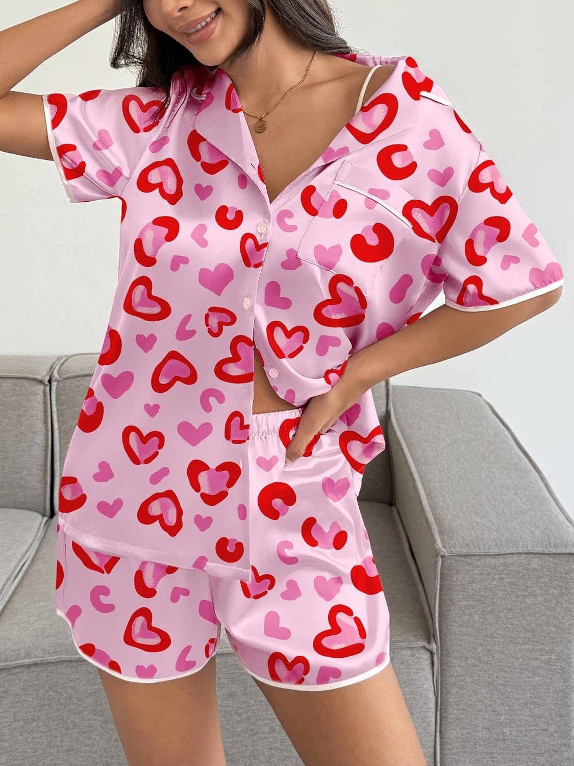 image:imageEkouaer Womens Satin Pajamas Set 2 piece Silky Sleepwear Buttton Down Short Sleeves Top and Shorts Pj Set SXXLPink Leopard