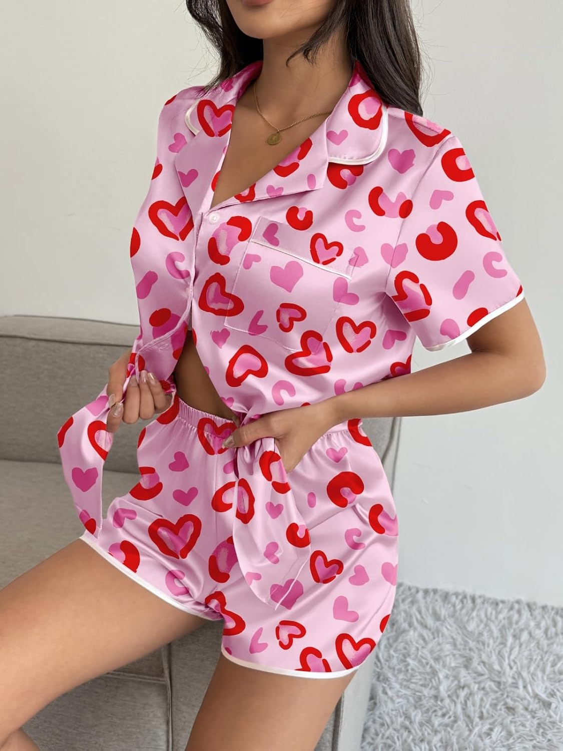 image:imageEkouaer Womens Satin Pajamas Set 2 piece Silky Sleepwear Buttton Down Short Sleeves Top and Shorts Pj Set SXXLPink Leopard