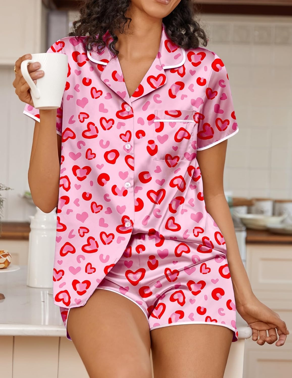 image:imageEkouaer Womens Satin Pajamas Set 2 piece Silky Sleepwear Buttton Down Short Sleeves Top and Shorts Pj Set SXXLPink Leopard