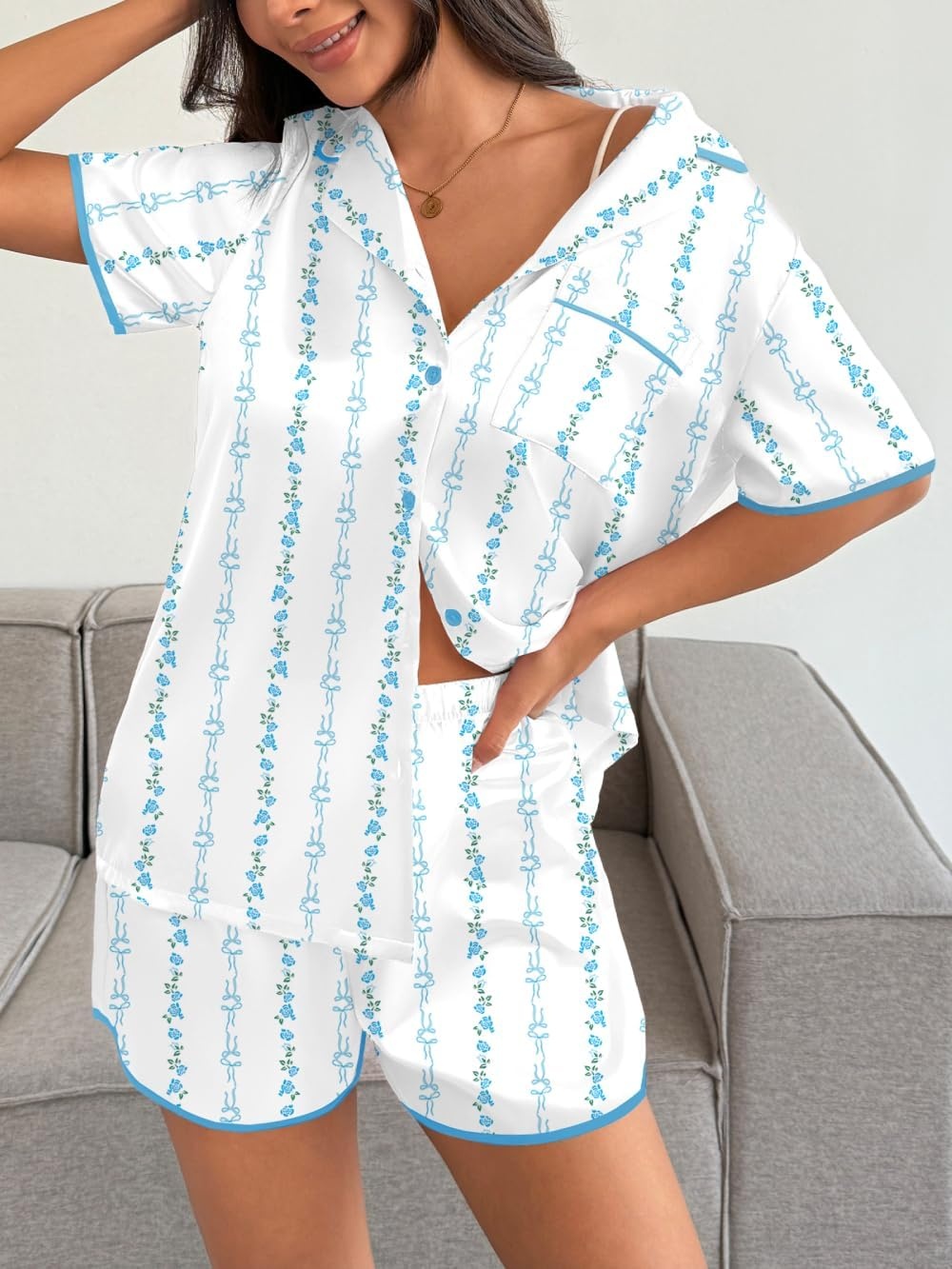 image:imageEkouaer Womens Satin Pajamas Set 2 piece Silky Sleepwear Buttton Down Short Sleeves Top and Shorts Pj Set SXXLRose Stripe