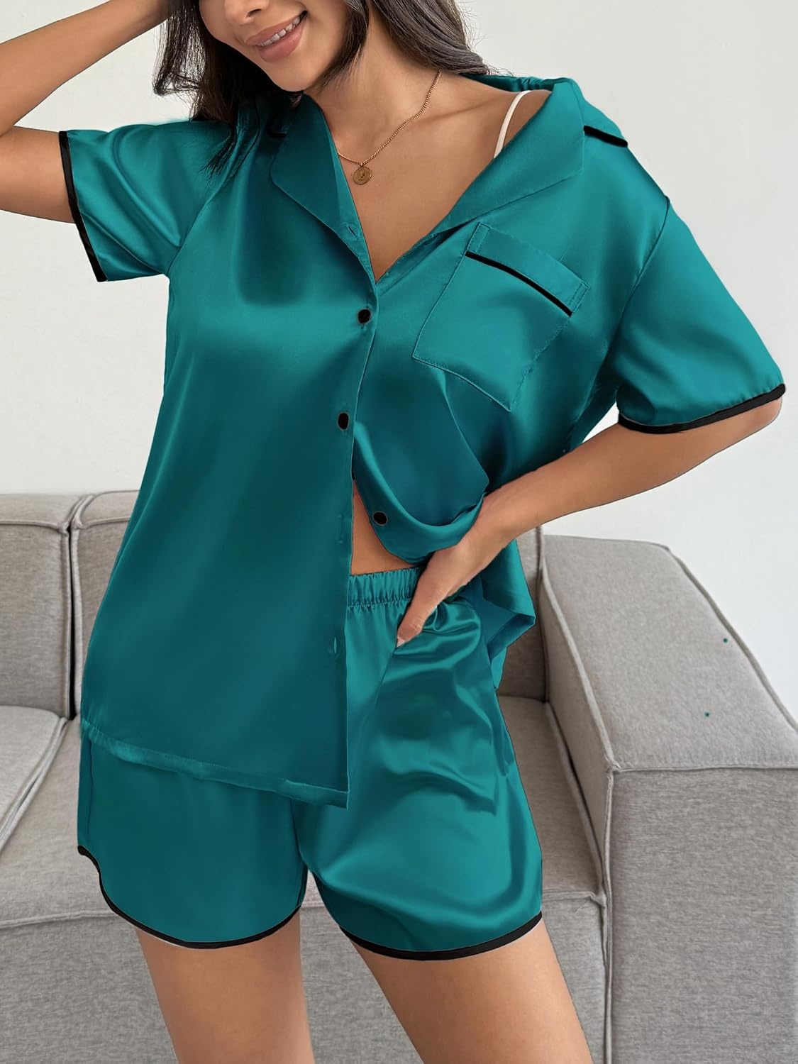 image:imageEkouaer Womens Satin Pajamas Set 2 piece Silky Sleepwear Buttton Down Short Sleeves Top and Shorts Pj Set SXXLTeal
