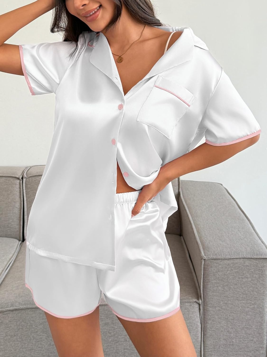 image:imageEkouaer Womens Satin Pajamas Set 2 piece Silky Sleepwear Buttton Down Short Sleeves Top and Shorts Pj Set SXXLWhite