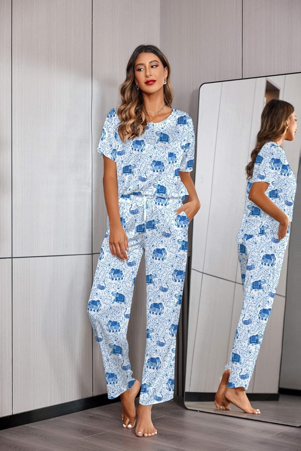 image:imageEkouaer Womens Satin Silky Pajama Set Short Sleeve Shirt with Long Pajama Pant Set Soft PJ LoungewearBoho Elephant