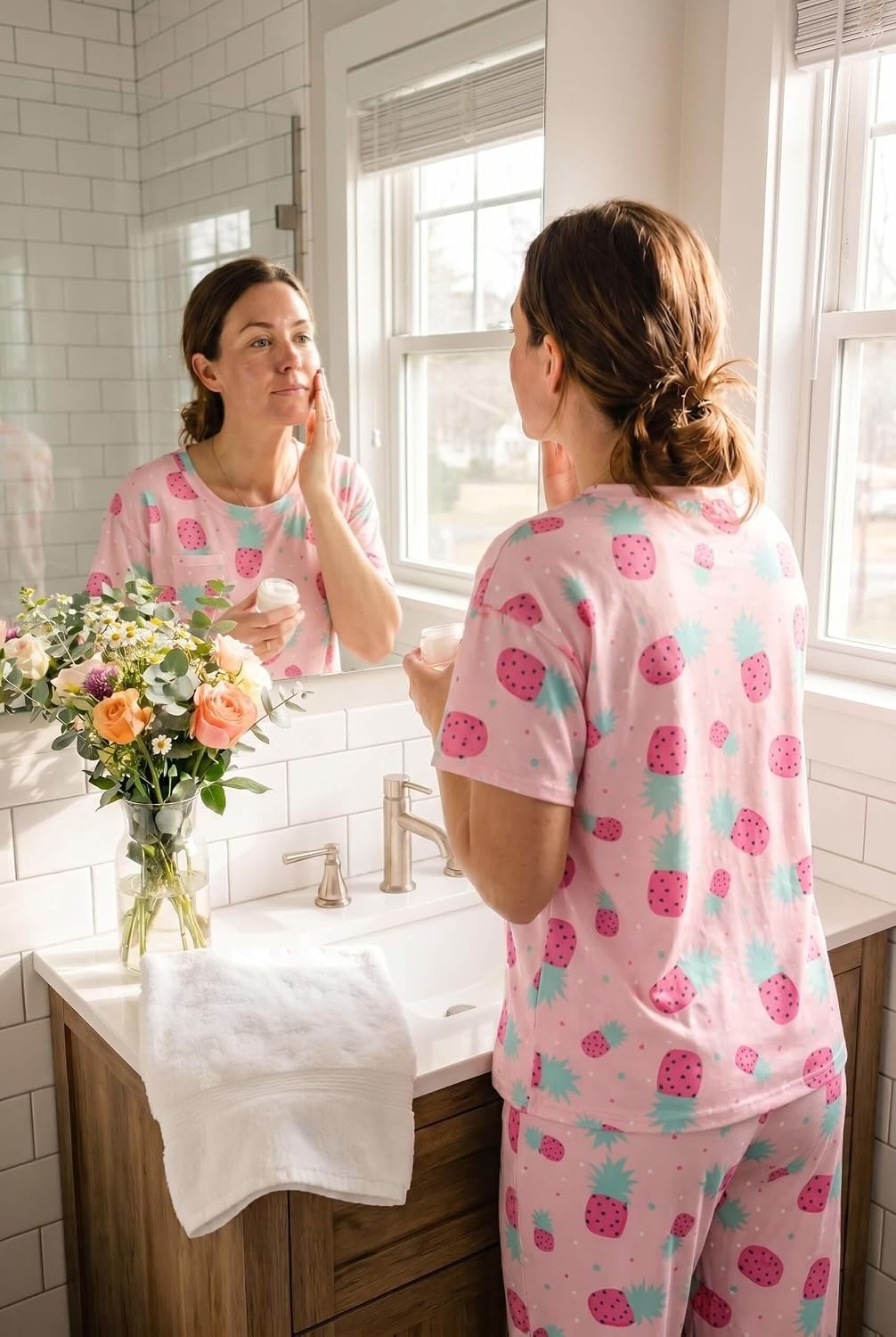 image:imageEkouaer Womens Satin Silky Pajama Set Short Sleeve Shirt with Long Pajama Pant Set Soft PJ LoungewearPink Pineapple