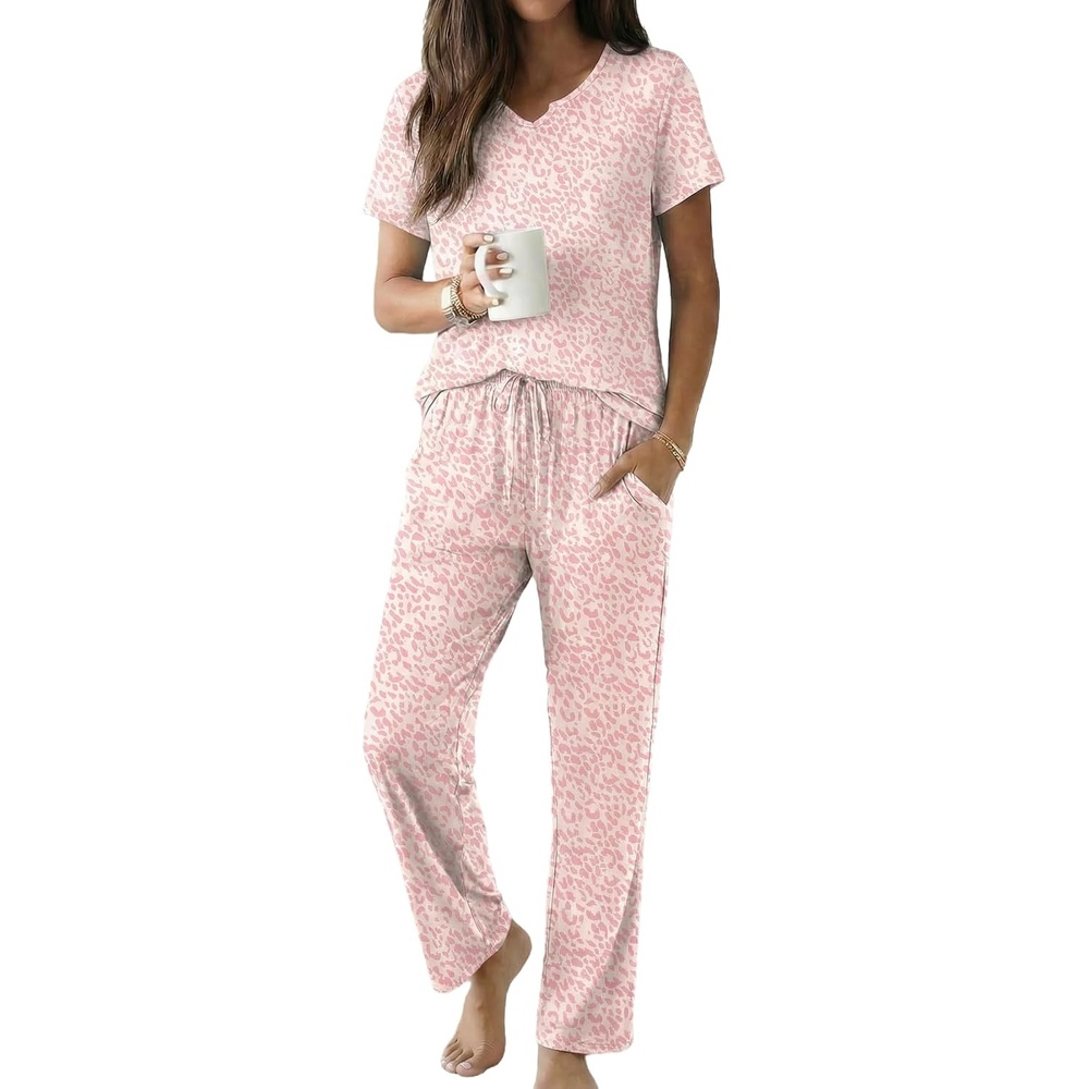 image:imageEkouaer 2 Piece Womens Pajamas Short Sleeve Top and Long Pants Pjs Set Printed Sleepwear with PocketA Rose Pink Leopard