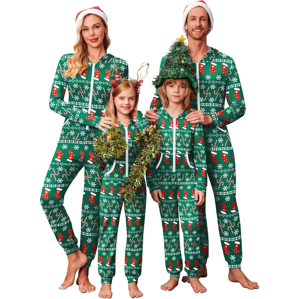 image:imageEkouaer Christmas Matching Family Onesie Pajamas Hoodie One Piece Pajamas Zipper Thermal Sleepwear with Pockets Family Christmas Socks Print Women M