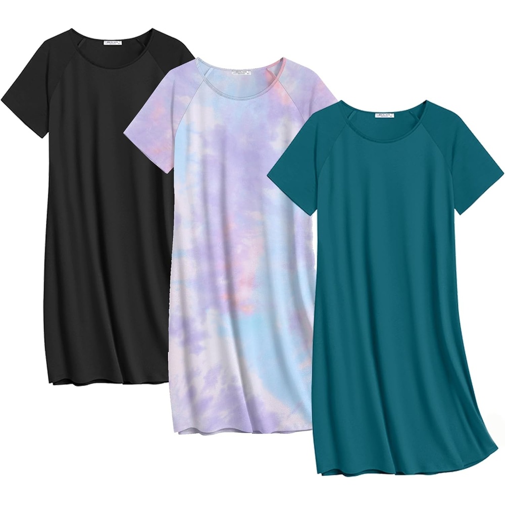 image:imageEkouaer Nightgowns for Women Cotton Night Gown 3 Pack Sleep Shirts Short Sleeve Nightshirt Soft Sleepwear NightdressBlackBlue GreenPurple Tie Dye