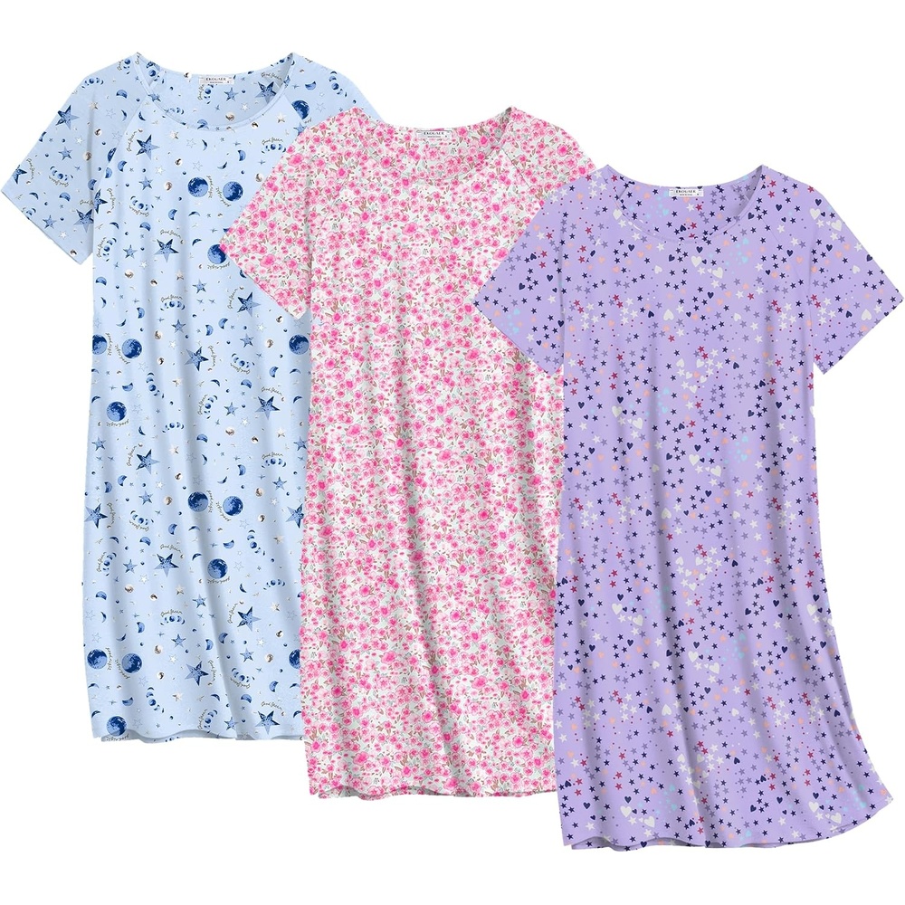 image:imageEkouaer Nightgowns for Women Cotton Night Gown 3 Pack Sleep Shirts Short Sleeve Nightshirt Soft Sleepwear NightdressBlue StarPink FloralsPurple Stars