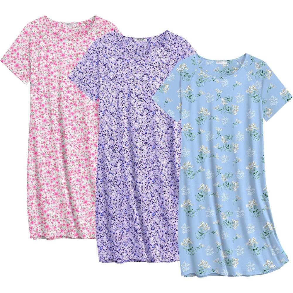 image:imageEkouaer Nightgowns for Women Cotton Night Gown 3 Pack Sleep Shirts Short Sleeve Nightshirt Soft Sleepwear NightdressWhite Pink FloralsPurple CirclesBlue Florals