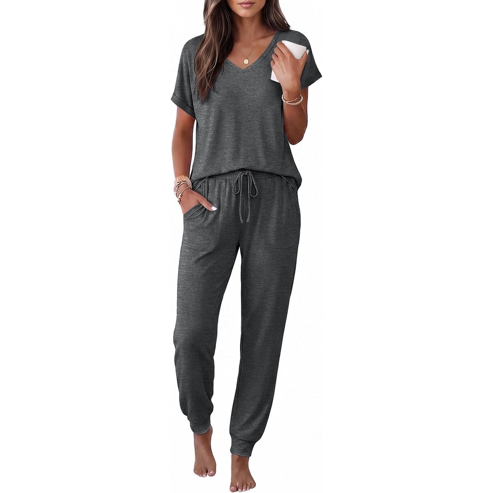 image:imageEkouaer Pajamas for Women Set Short Sleeve Lounge Set Jogger Pants Pjs Soft Sleepwear with Pockets SXXLDark Grey