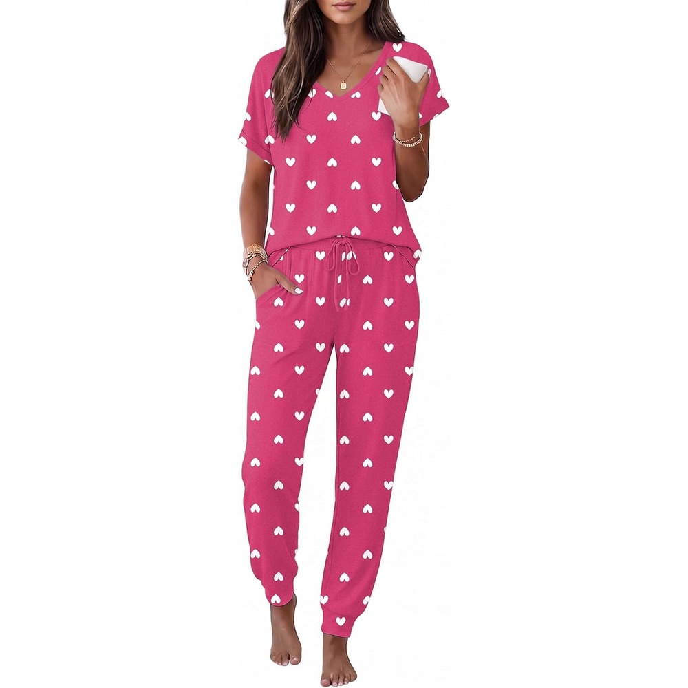 image:imageEkouaer Pajamas for Women Set Short Sleeve Lounge Set Jogger Pants Pjs Soft Sleepwear with Pockets SXXLRose Heart
