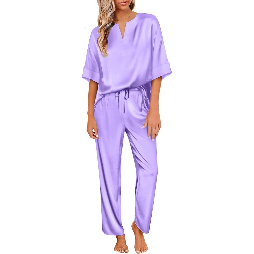 image:imageEkouaer Satin Pajama Set Womens Silk Short Sleeve V Neck Shirt with Long Pant Soft Loungewear Pjs SetLight Purple