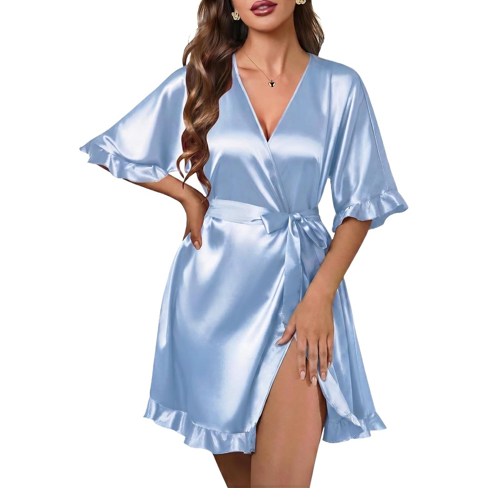 image:imageEkouaer Silk Robes for Women Short Lightweight Bathrobe Ruffled Satin Kimono Robes Sexy Bride Bridesmaid SleepwearBlue