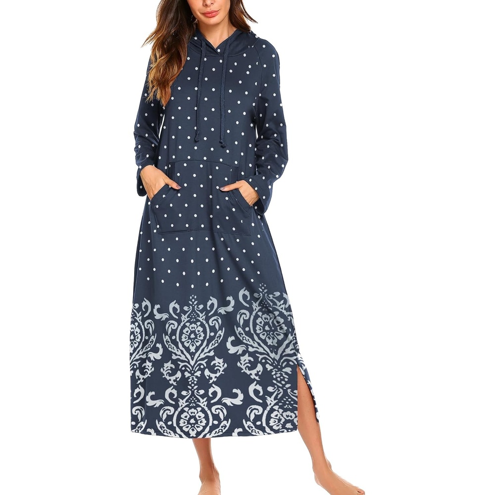 image:imageEkouaer Sleepwear Women Long Sleeve Hooded Nightgown Contrast Color Full Length Loungewear with Pocket