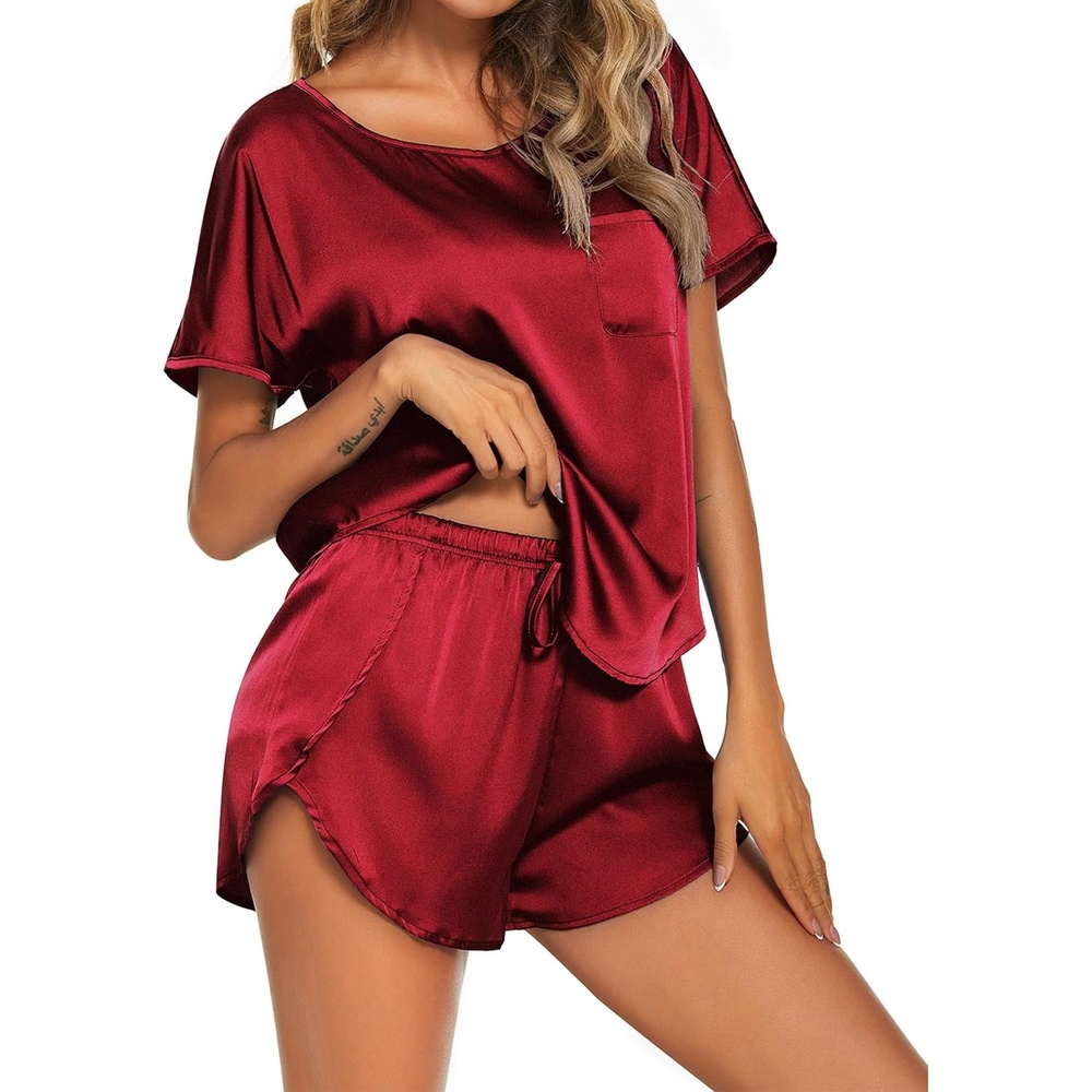 image:imageEkouaer Women Satin Pajama Set Short Sleeve Lightweight Silk Pajama Set 2 Piece Lounge Sets with ShortsWine Red