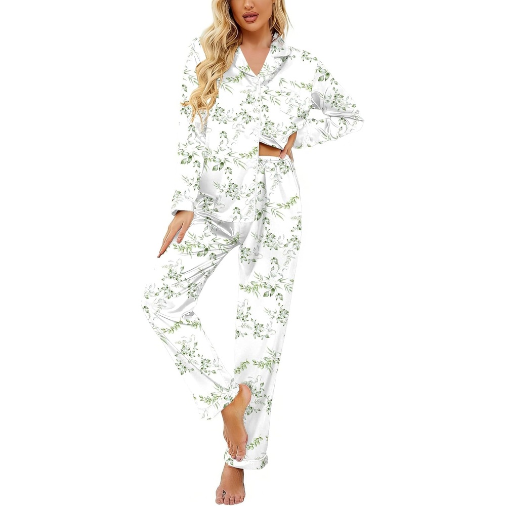 image:imageEkouaer Womens Classic Button Down Long Satin Silk Pajama SetGreen Leaf Print