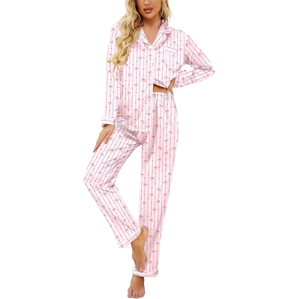 image:imageEkouaer Womens Classic Button Down Long Satin Silk Pajama SetPink Heart Print