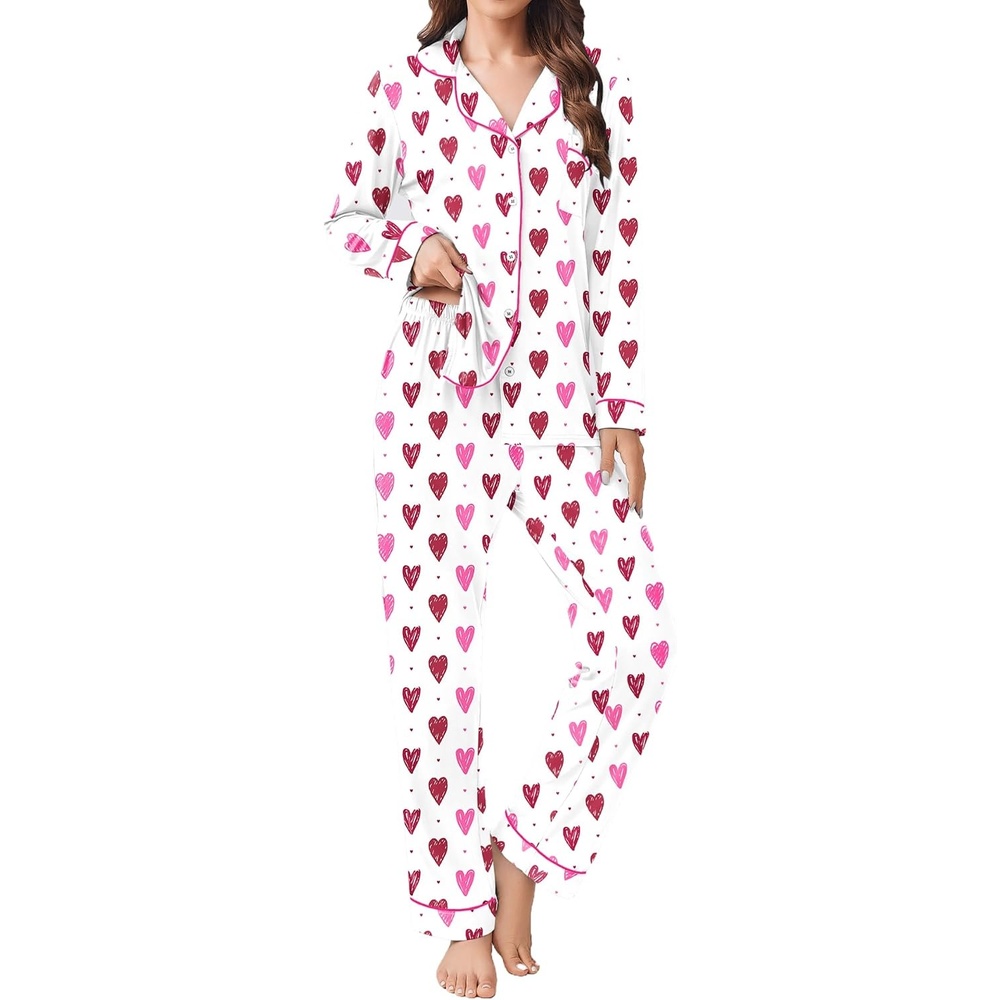 image:imageEkouaer Womens Pajamas Set 2 Piece Button Down Pjs Soft Long Sleeve Top and Pants Sleepwear Set Lounge SetsWhite Hearts