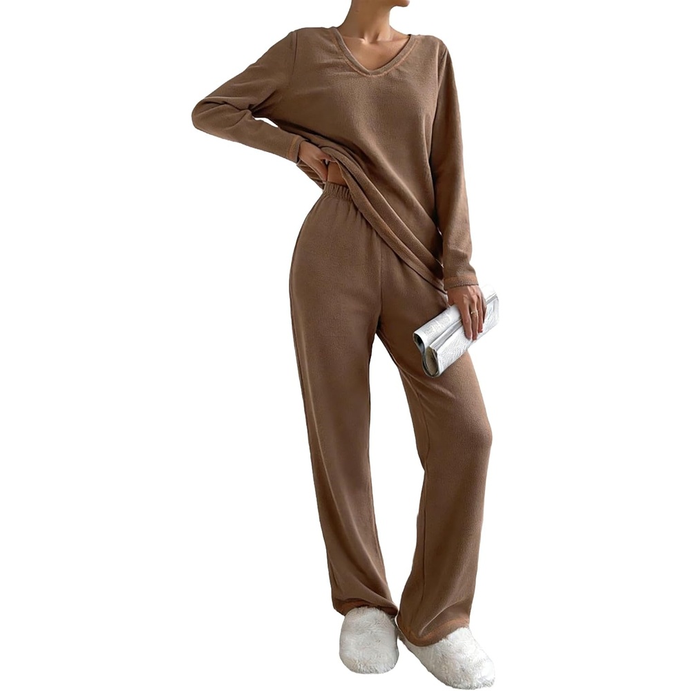 image:imageEkouaer Womens Pajamas Set 2 Piece Fuzzy Lounge Set Long Sleeve Sleepwear Fall Winter Loungewear Outfits Matching ClothesBrown