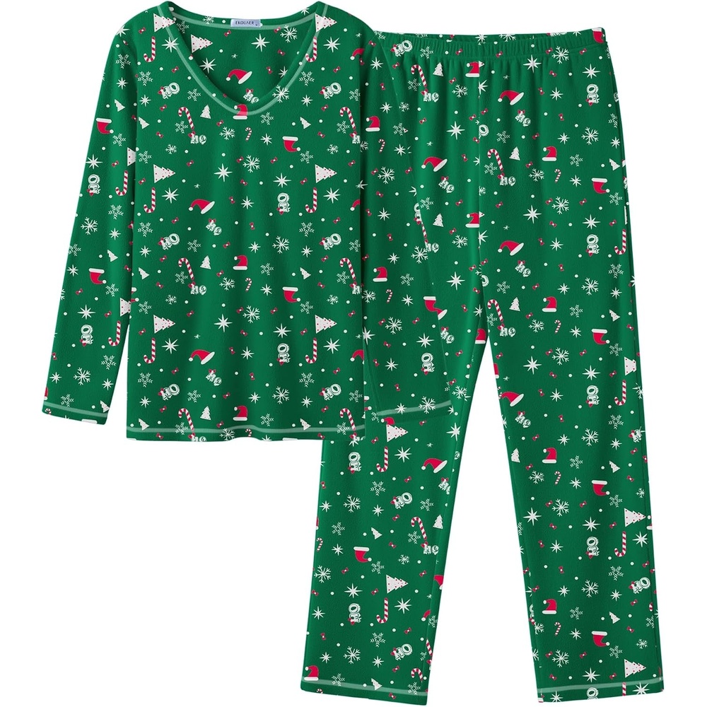 image:imageEkouaer Womens Pajamas Set 2 Piece Fuzzy Lounge Set Long Sleeve Sleepwear Fall Winter Loungewear Outfits Matching ClothesChristmas Green
