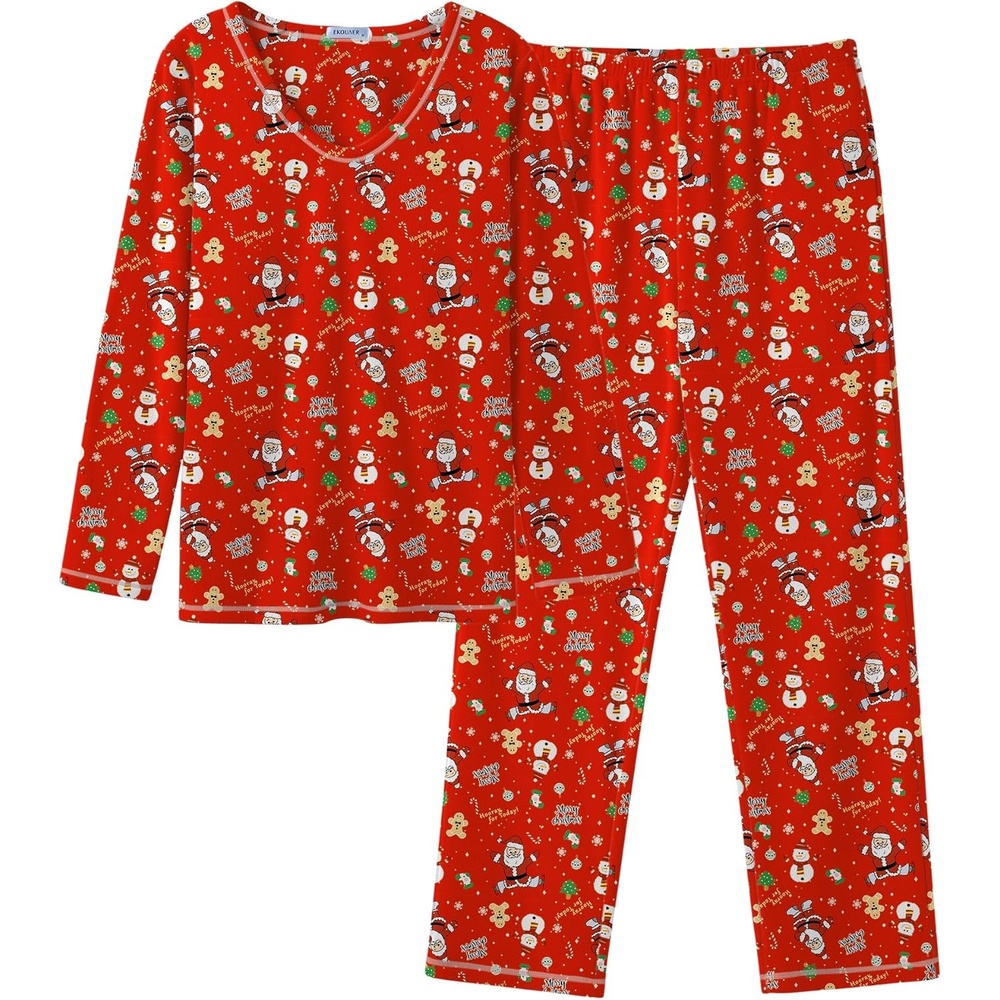 image:imageEkouaer Womens Pajamas Set 2 Piece Fuzzy Lounge Set Long Sleeve Sleepwear Fall Winter Loungewear Outfits Matching ClothesChristmas Red