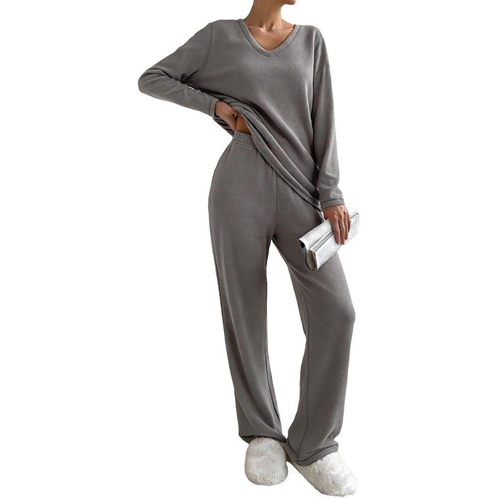 image:imageEkouaer Womens Pajamas Set 2 Piece Fuzzy Lounge Set Long Sleeve Sleepwear Fall Winter Loungewear Outfits Matching ClothesGrey