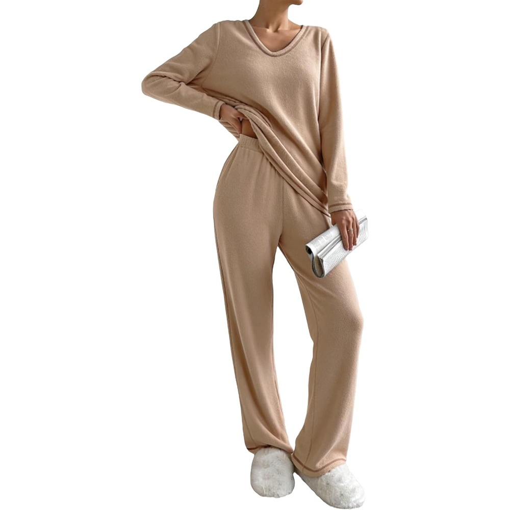 image:imageEkouaer Womens Pajamas Set 2 Piece Fuzzy Lounge Set Long Sleeve Sleepwear Fall Winter Loungewear Outfits Matching ClothesKhaki