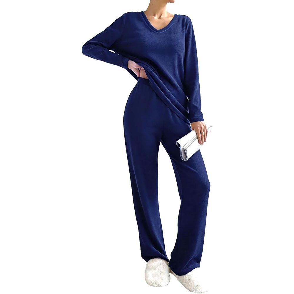 image:imageEkouaer Womens Pajamas Set 2 Piece Fuzzy Lounge Set Long Sleeve Sleepwear Fall Winter Loungewear Outfits Matching ClothesNavy Blue