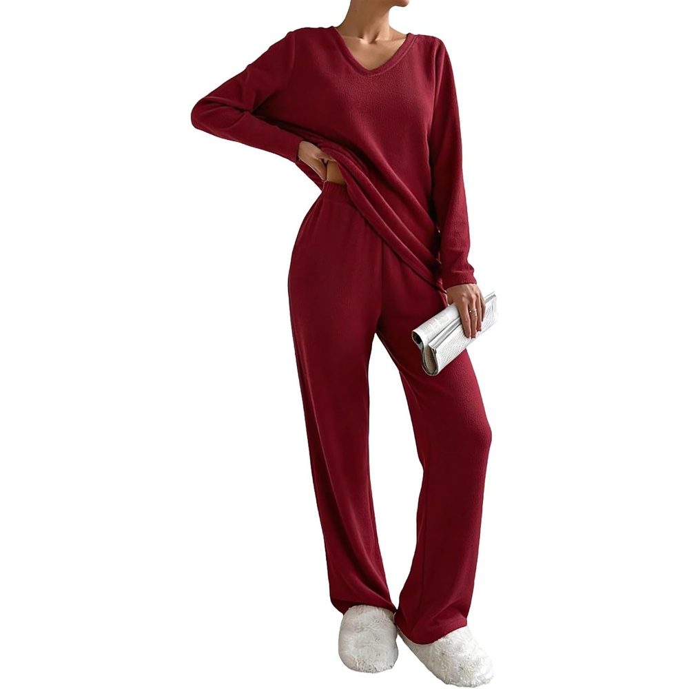image:imageEkouaer Womens Pajamas Set 2 Piece Fuzzy Lounge Set Long Sleeve Sleepwear Fall Winter Loungewear Outfits Matching ClothesWine Red