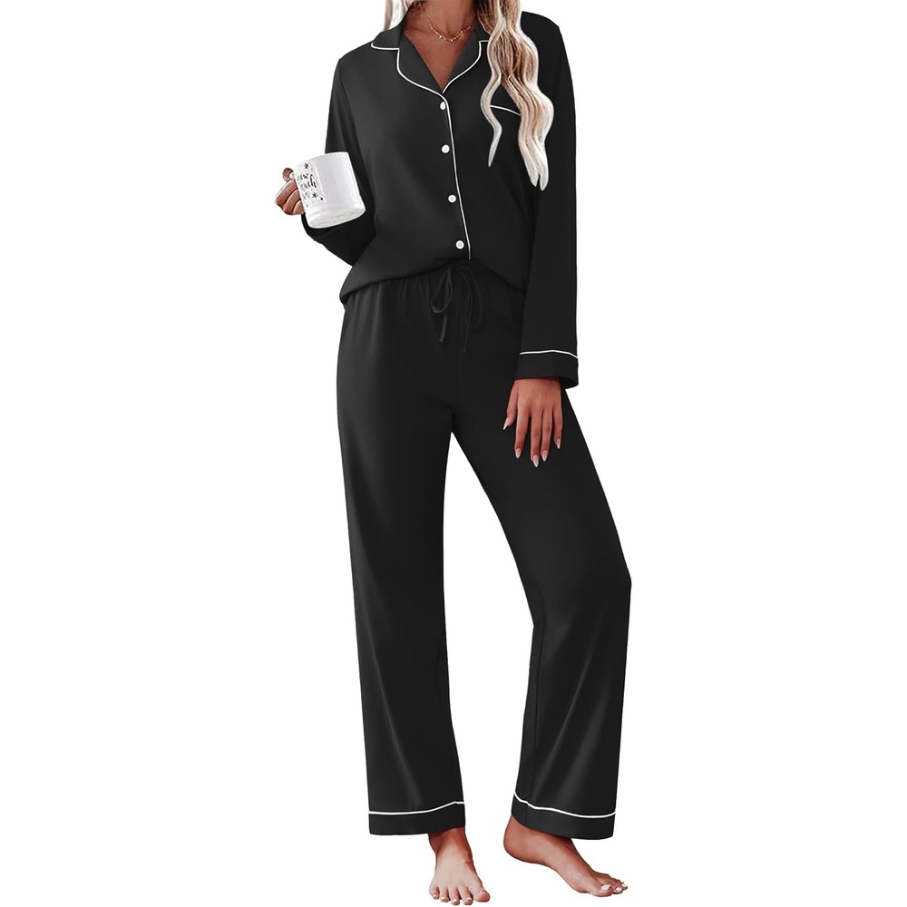 image:imageEkouaer Womens Pajamas Set Cotton Long Sleeve Button Down Sleepwear Top and Long Pants Soft 2 Piece Pjs Lounge Set SXXLBlack