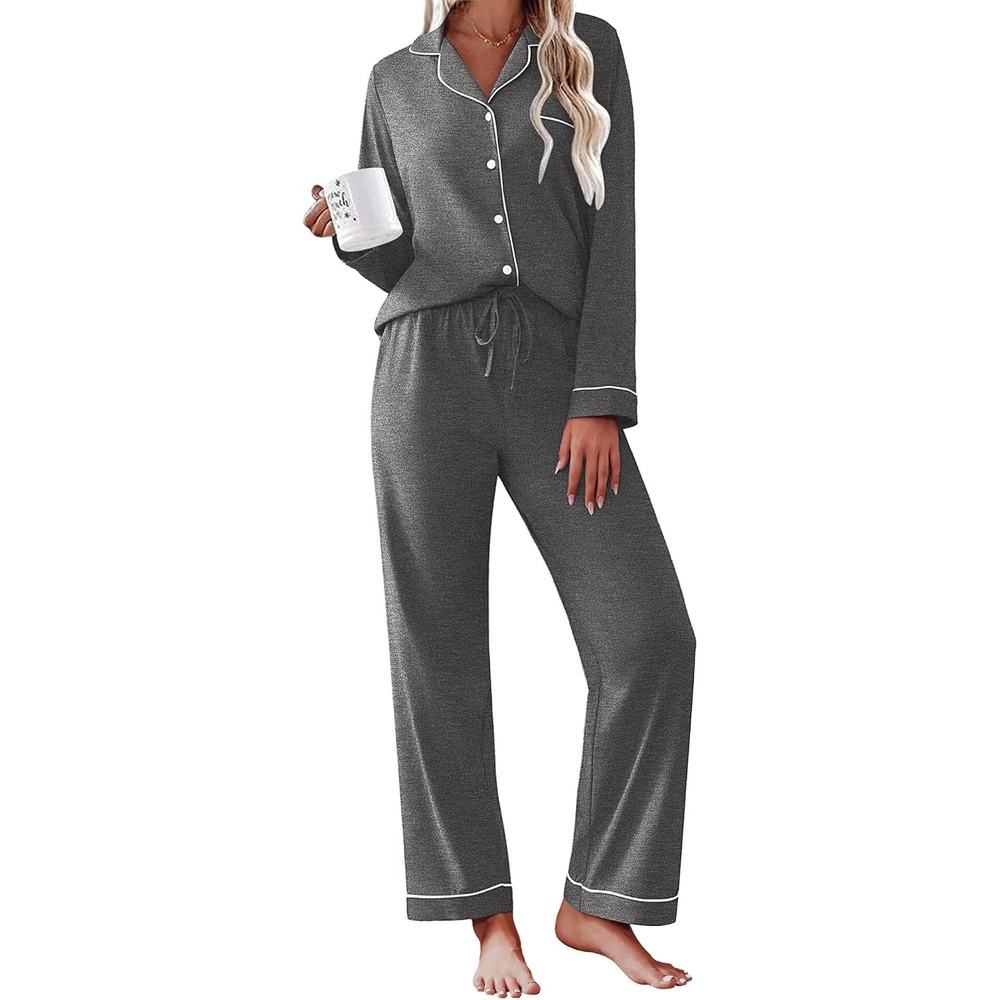 image:imageEkouaer Womens Pajamas Set Cotton Long Sleeve Button Down Sleepwear Top and Long Pants Soft 2 Piece Pjs Lounge Set SXXLDark Grey