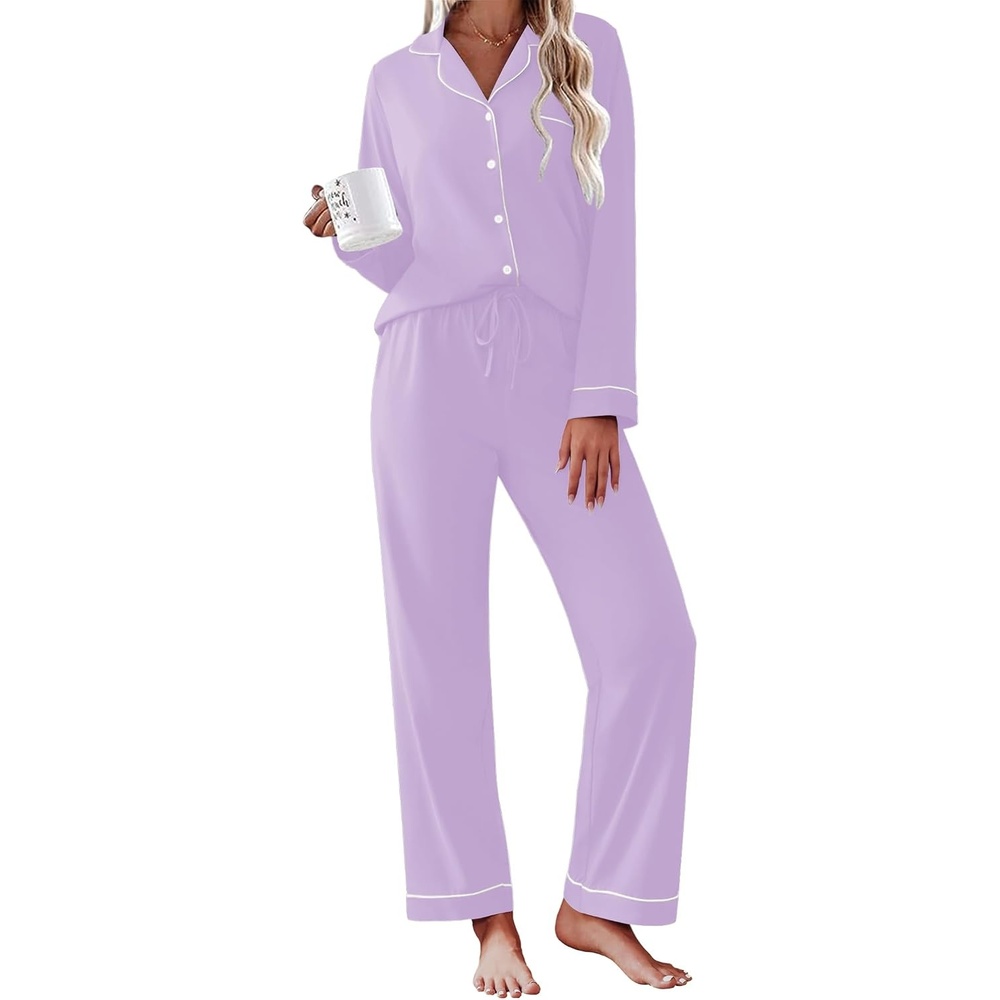 image:imageEkouaer Womens Pajamas Set Cotton Long Sleeve Button Down Sleepwear Top and Long Pants Soft 2 Piece Pjs Lounge Set SXXLLilac