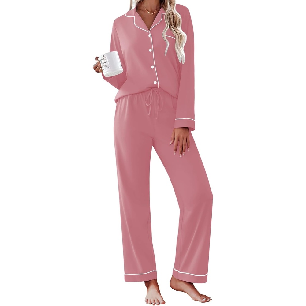 image:imageEkouaer Womens Pajamas Set Cotton Long Sleeve Button Down Sleepwear Top and Long Pants Soft 2 Piece Pjs Lounge Set SXXLPurple Red
