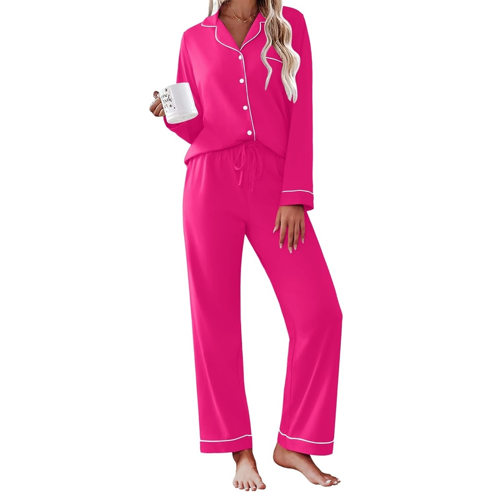 image:imageEkouaer Womens Pajamas Set Cotton Long Sleeve Button Down Sleepwear Top and Long Pants Soft 2 Piece Pjs Lounge Set SXXLRose
