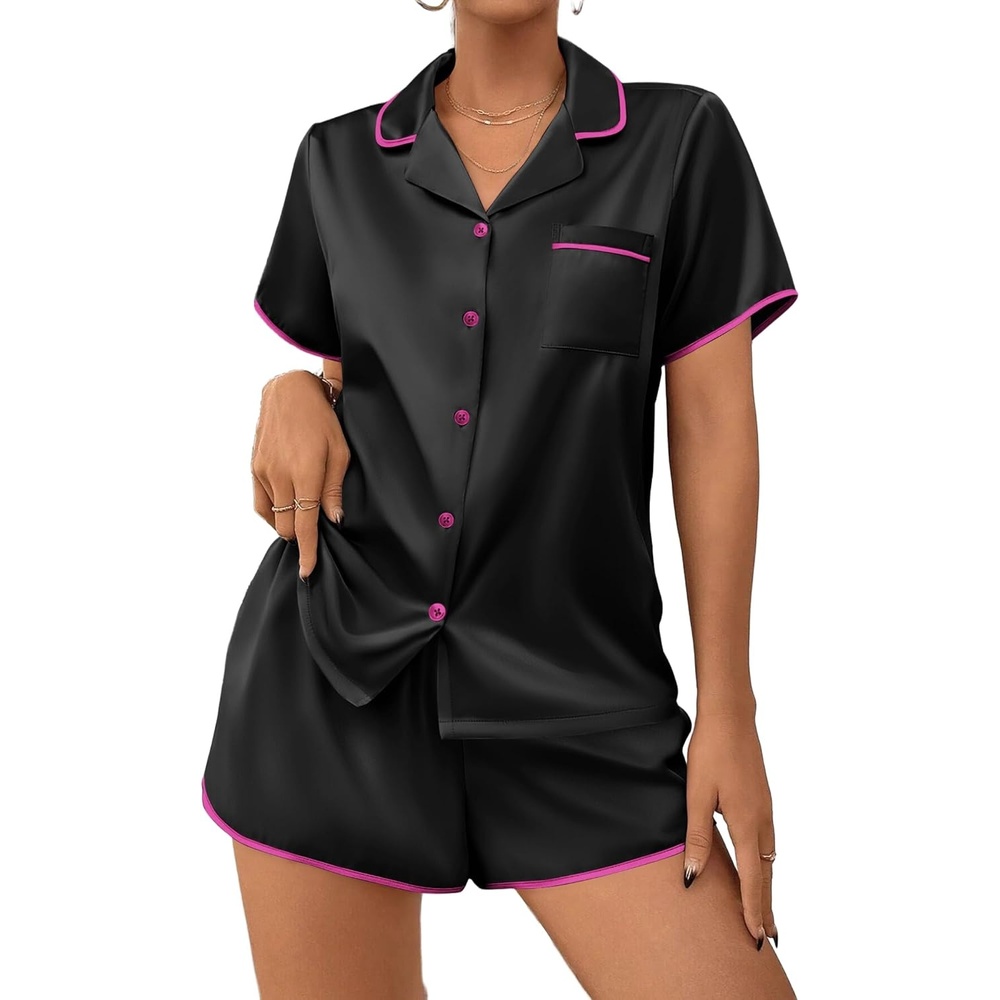 image:imageEkouaer Womens Satin Pajamas Set 2 piece Silky Sleepwear Buttton Down Short Sleeves Top and Shorts Pj Set SXXLBlack