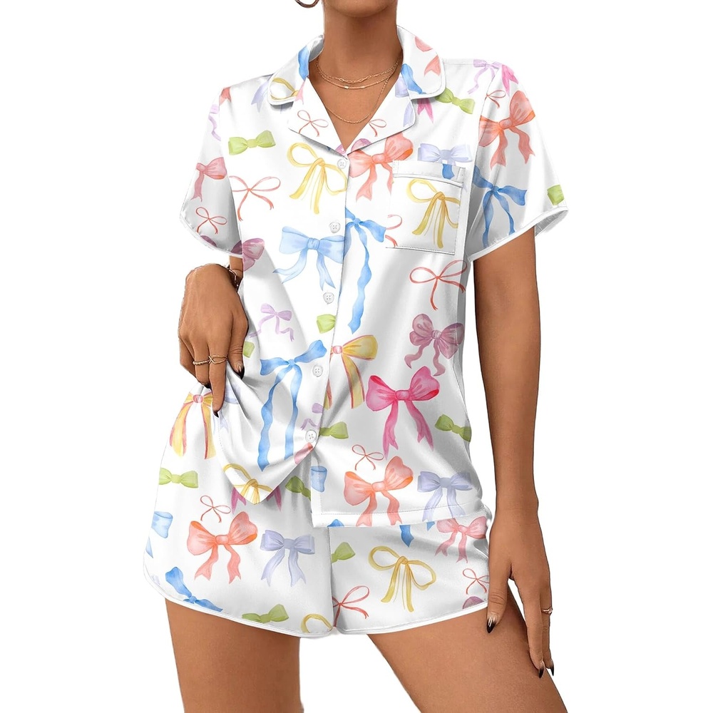 image:imageEkouaer Womens Satin Pajamas Set 2 piece Silky Sleepwear Buttton Down Short Sleeves Top and Shorts Pj Set SXXLColorful Bows