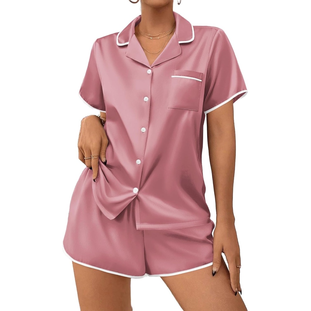 image:imageEkouaer Womens Satin Pajamas Set 2 piece Silky Sleepwear Buttton Down Short Sleeves Top and Shorts Pj Set SXXLDusty Rose