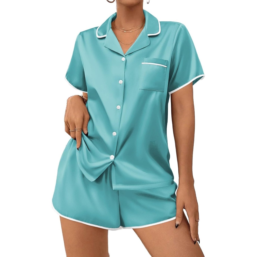image:imageEkouaer Womens Satin Pajamas Set 2 piece Silky Sleepwear Buttton Down Short Sleeves Top and Shorts Pj Set SXXLGreen